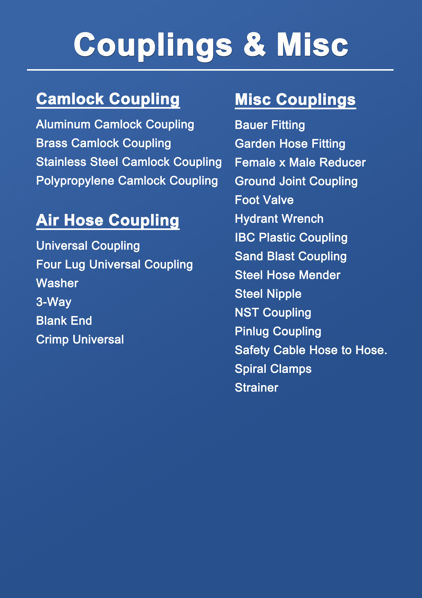 Couplings & Misc Datasheet